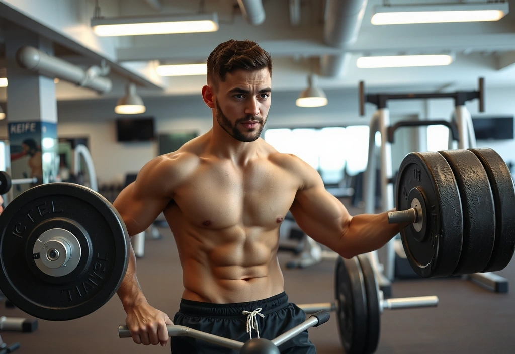 Hombre joven haciendo ejercicio con pesas, enfocándose en la fuerza muscular