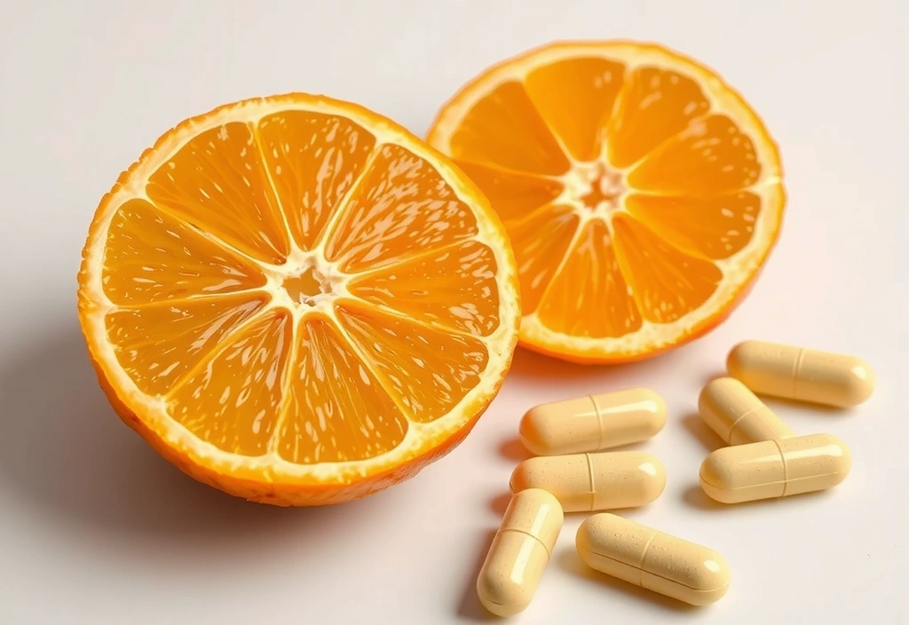 Naranja fresca y cápsulas de vitamina C