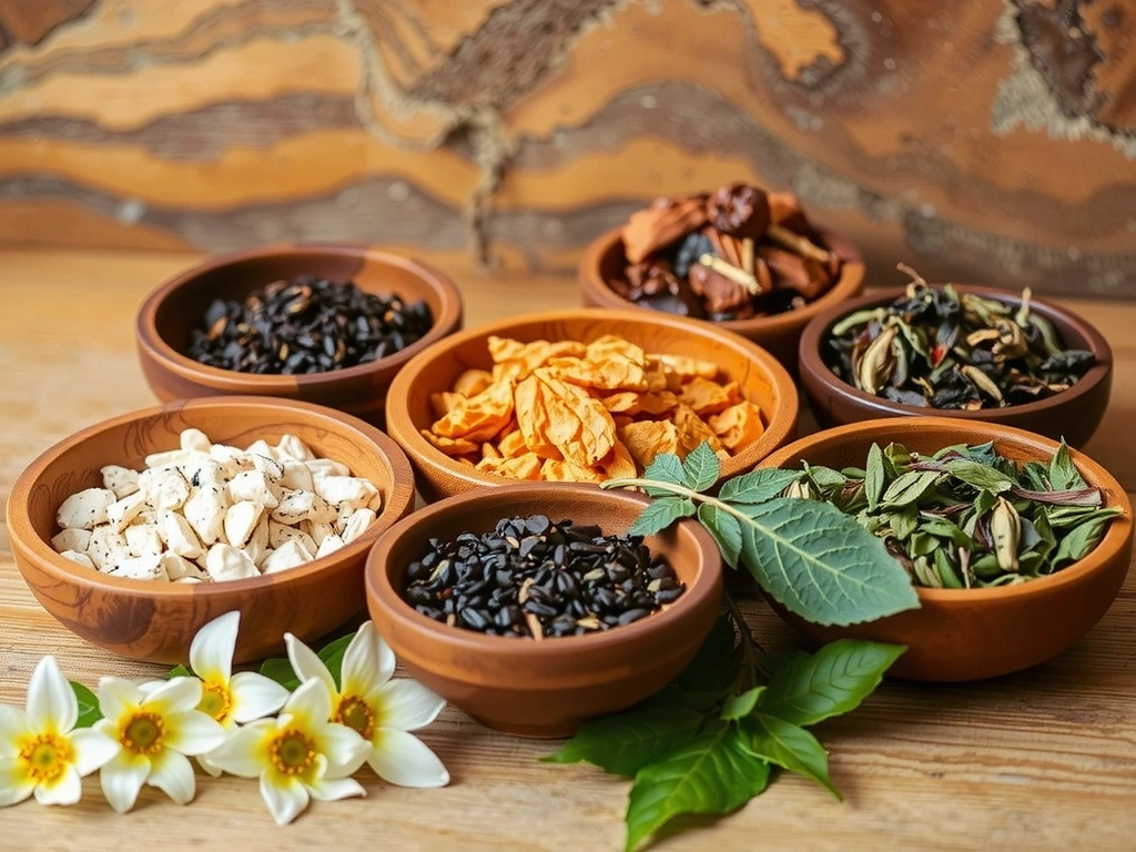 Mezcla de hierbas y extractos botánicos secos, en cuencos de madera, transmitiendo una sensación de pureza y naturaleza.