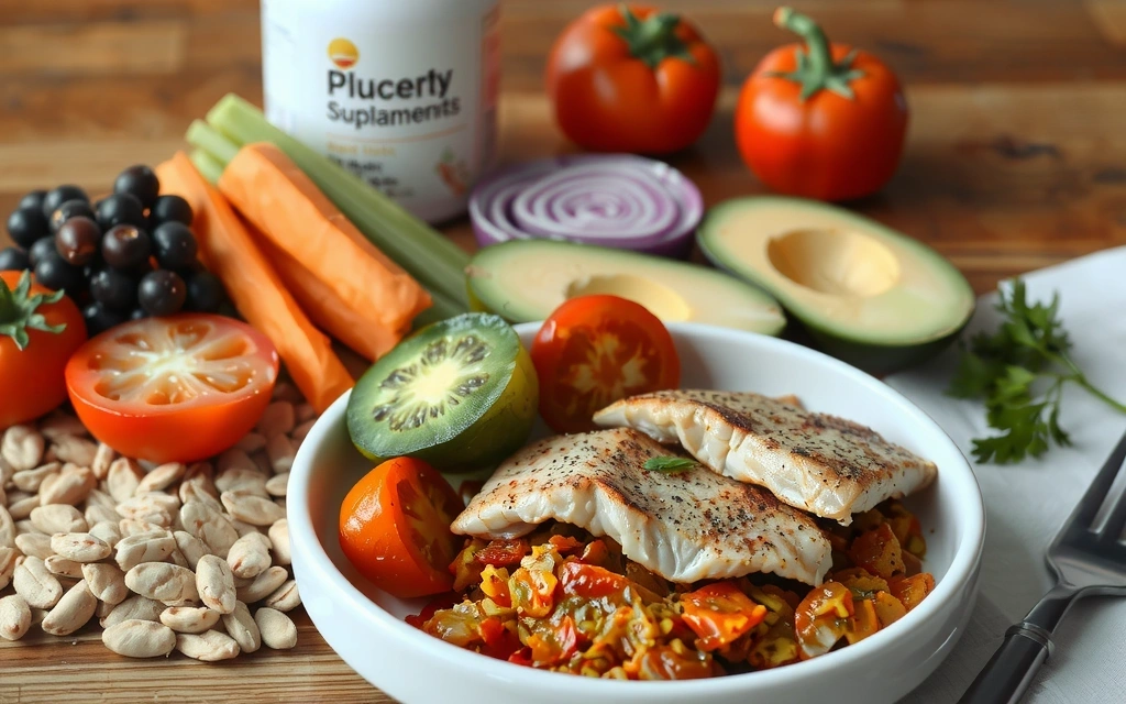 Plato de comida saludable y equilibrada, con vegetales frescos, proteínas y granos, junto a un suplemento.