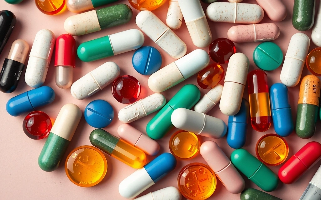 Una variedad de cápsulas y comprimidos de vitaminas organizadas en un patrón visualmente atractivo.