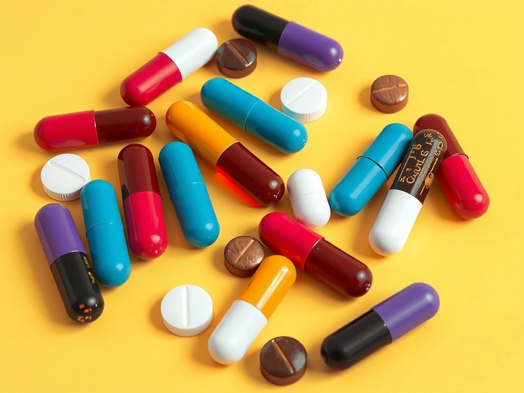 Vitaminas coloridas en cápsulas y tabletas, dispuestas artísticamente sobre una superficie limpia.