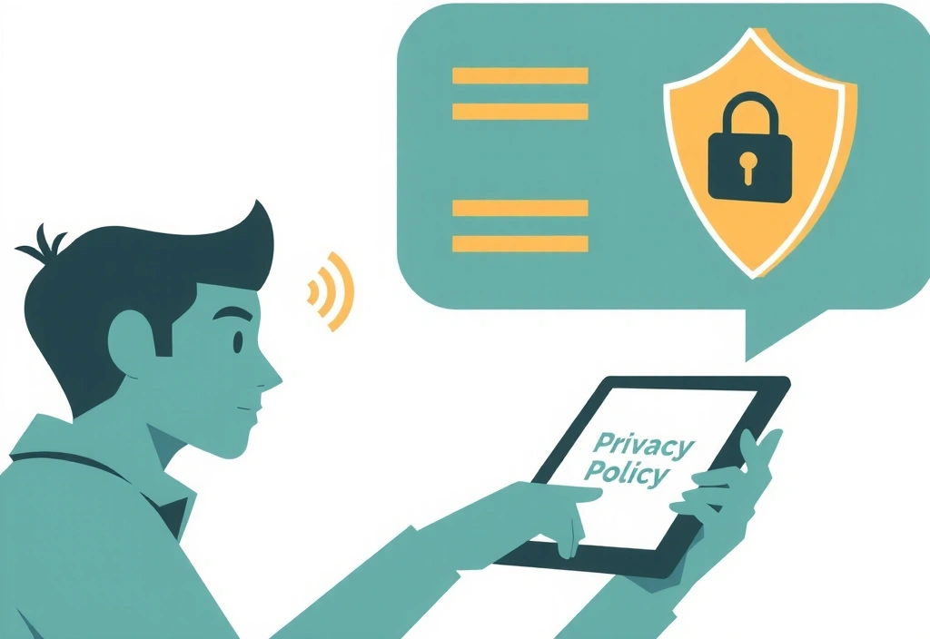 Ilustración de una persona leyendo un documento de política de privacidad con un escudo de seguridad digital.